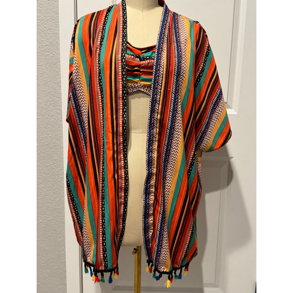 Women's Unbranded Orange Teal Striped Tassel matching bandeau top & topper Set M